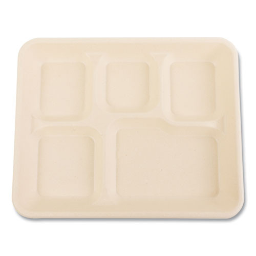 Bagasse PFAS-Free Food Tray, 5 Compartments, 8.26 x 0.98 x 10.9, Tan, Sugarcane, 500/Carton
