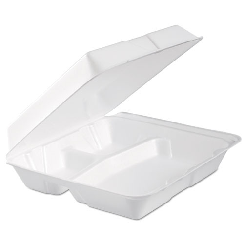 Foam Hinged Lid Container, 3 Compartments, 9.3 x 9.5 x 3, White, 100/Bag, 2 Bag/Carton