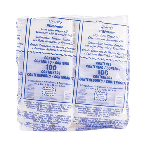 Foam Hinged Lid Container, 3 Compartments, 9.3 x 9.5 x 3, White, 100/Bag, 2 Bag/Carton