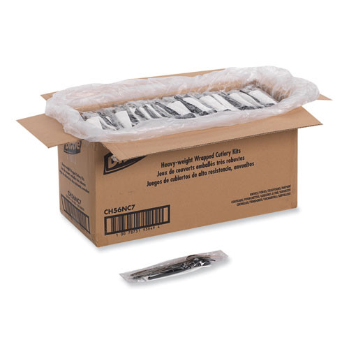 Individually Wrapped Heavyweight Cutlery Set, Fork/Knife/Napkin/Spoon, Plastic, Black, 250/Carton