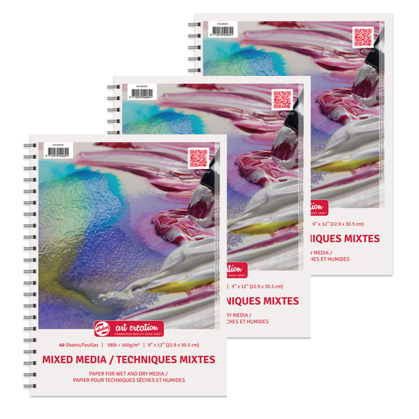 Mixed Media Paper Pad, Spiral Bound, 98lbs, 9" x 12", 40 Sheets, Pack of 3