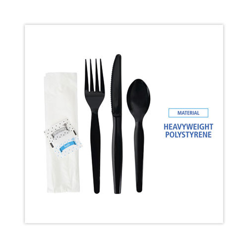 Six-Piece Cutlery Kit, Heavyweight, Fork/Knife/Napkin/Pepper/Salt/Spoon, Plastic, Black, 250/Carton