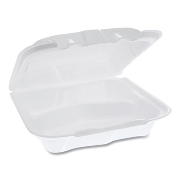 Vented Foam Hinged Lid Container, Dual Tab Lock, 3 Compartments, 8.42 x 8.15 x 3, White, 150/Carton