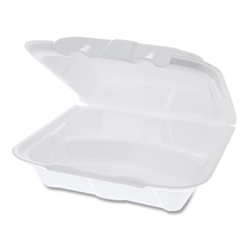 Vented Foam Hinged Lid Container, Dual Tab Lock, 3 Compartments, 8.42 x 8.15 x 3, White, 150/Carton