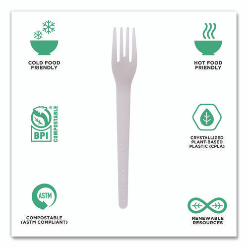 Plantware Compostable Cutlery, Fork, Plastic, Pearl White, 50/Pack, 20 Packs/Carton