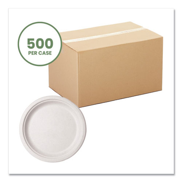 Molded Fiber Tableware, Compostable, Plate, Sugarcane, 10" dia, White, 500/Carton