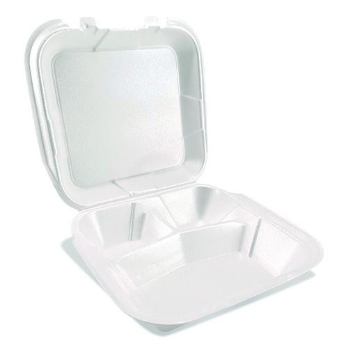 Foam Hinged Lid Containers, 3-Compartment, 9 x 10 x 3, White, Foam, 200/Carton