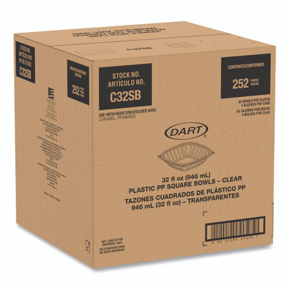Square Plastic Bowls, 32 oz, 5 x 5 x 1.49, Clear, Plastic, 63 Bowls/Sleeve, 4 Sleeves/Carton
