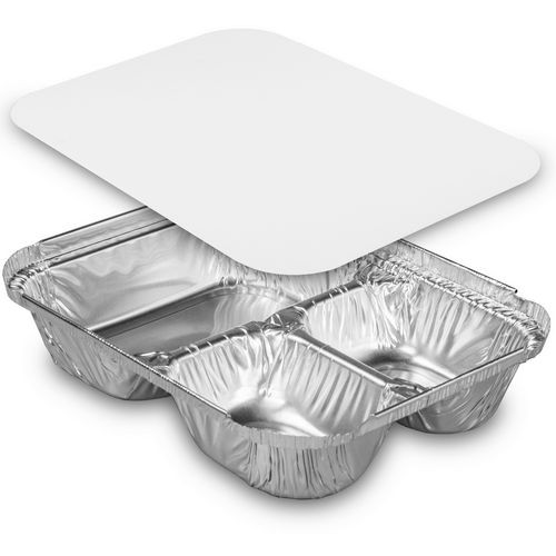 Three-Compartment Oblong Food Container, 24 oz, 6.38 x 1.47 x 8, Silver, Aluminum, 500/Carton