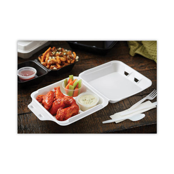Vented Foam Hinged Lid Container, Dual Tab Lock Economy, 3 Compartments, 8.42 x 8.15 x 3, White, 150/Carton