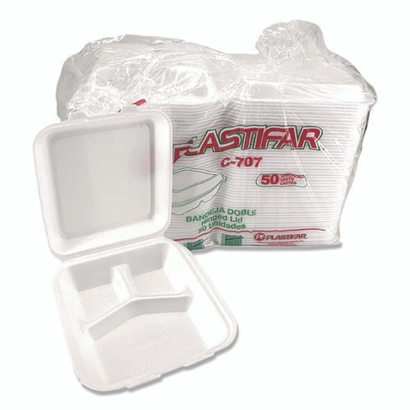 Foam Hinged Lid Containers, 3-Compartment, 7.56 x 8.25 x 2.38, White, Foam, 200/Carton
