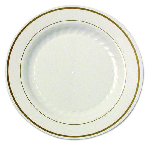 Masterpiece Plastic Plates, 7.5" dia, Ivory/Gold, 10/Pack, 15 Packs/Carton