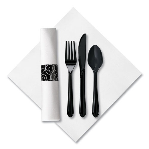 CaterWrap Heavyweight Cutlery Combo Kit, Fork/Knife/Napkin/Spoon, Plastic, Black, 100/Carton