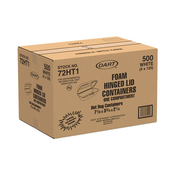 Foam Hinged Lid Container, Hot Dog Container, 3.8 x 7.1 x 2.3, White, 125/Bag, 4 Bags/Carton