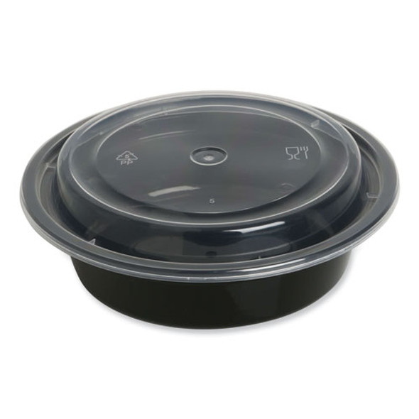 Microwavable Food Container with Lid, Round, 16 oz, 6.29 x 6.29 x 1.96, Black/Clear, Plastic, 150/Carton