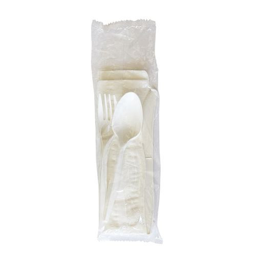 Four-Piece Polypropylene Cutlery Kit, Mediumweight, Fork/Knife/Napkin/Spoon, Plastic, White, 250/Carton