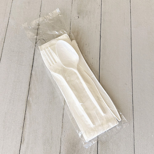 Four-Piece Polypropylene Cutlery Kit, Mediumweight, Fork/Knife/Napkin/Spoon, Plastic, White, 250/Carton