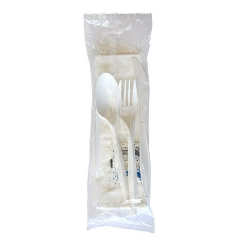 Six-Piece Cutlery Kit, Mediumweight, Fork/Knife/Napkin/Pepper/Salt/Spoon, 5.86", Plastic, White, 250/Carton