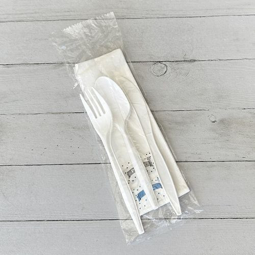 Six-Piece Cutlery Kit, Mediumweight, Fork/Knife/Napkin/Pepper/Salt/Spoon, 5.86", Plastic, White, 250/Carton