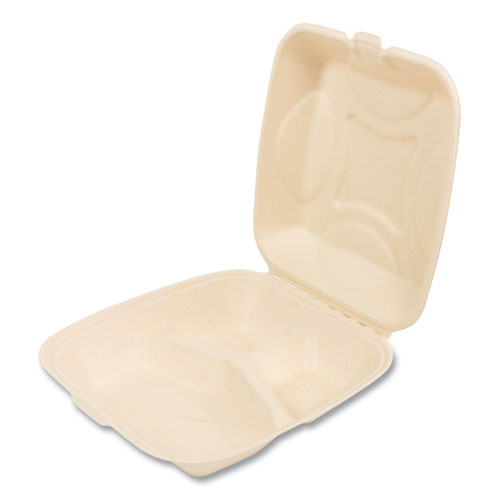 Bagasse PFAS-Free Food Containers, 3 Compartments, 9 x 3.19 x 9, Tan, Sugarcane, 200/Carton