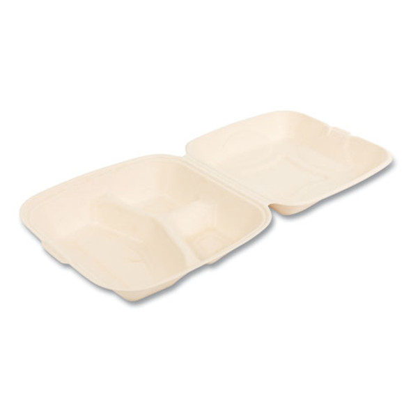 Bagasse PFAS-Free Food Containers, 3 Compartments, 9 x 3.19 x 9, Tan, Sugarcane, 200/Carton