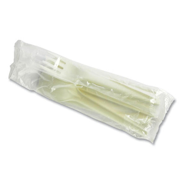 Cutlery Kits, Compostable, General Purpose, Fork/Knife/Napkin/Spoon, Plastic, White, 250/Carton