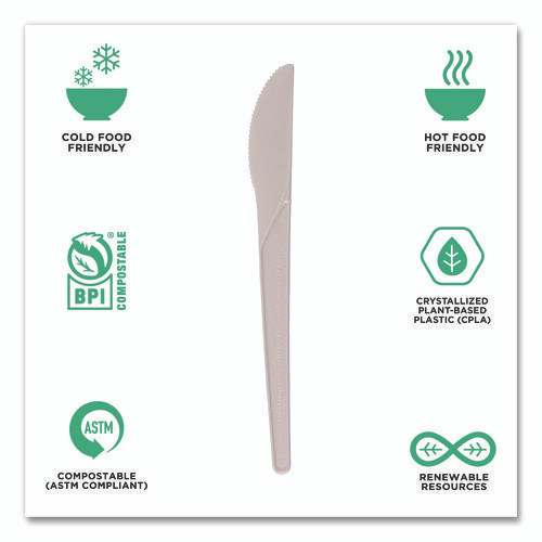 Plantware Compostable Cutlery, Knife, Plastic, Pearl White, 50/Pack, 20 Packs/Carton