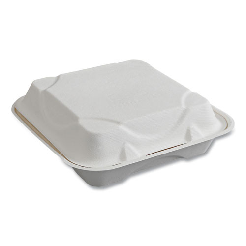 Vanguard Renewable and Compostable Sugarcane Clamshells, 9 x 9 x 3, White, 200/Carton