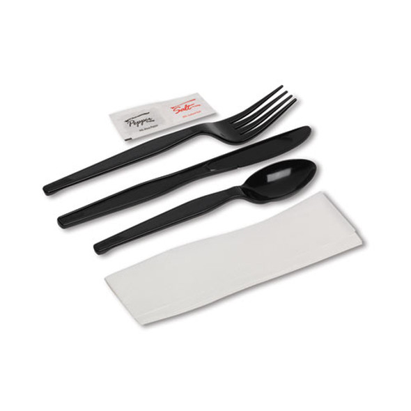 Wrapped Tableware/Napkin Packets, Mediumweight, Fork/Knife/Napkin/Spoon, Plastic, Black, 250/Carton Wrapped Tableware/Napkin Packets, Mediumweight, Fork/Knife/Napkin/Spoon, Plastic, Black, 250/Carton