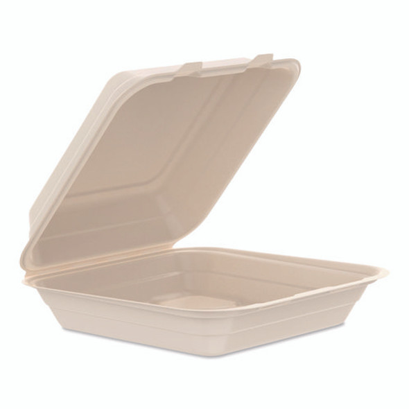 Compostable Molded Fiber Hinged Trays, ProPlanet Seal, 9.14 x 9 x 2.98, Natural, 200/Carton