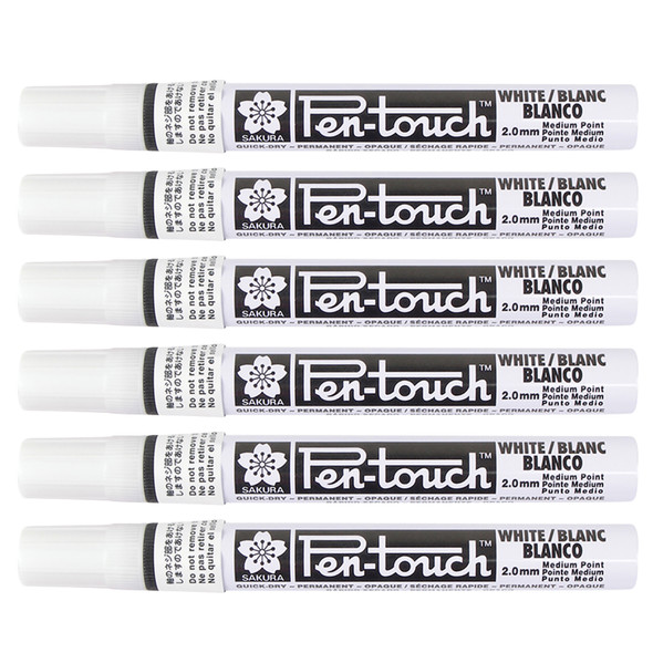 Pen-Touch Markers, 2.0mm Medium, White, Pack of 6