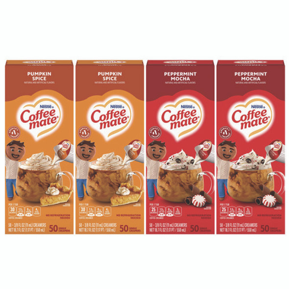 Liquid Coffee Creamer, Peppermint Mocha/Pumpkin Spice, 0.38 oz Mini Cups, 50/Pack, 4 Packs/Carton