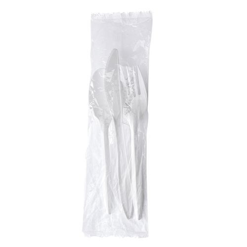 Three-Piece Polystyrene Cutlery Kit, Mediumweight, Fork/Knife/Spoon, Plastic, White, 250/Carton