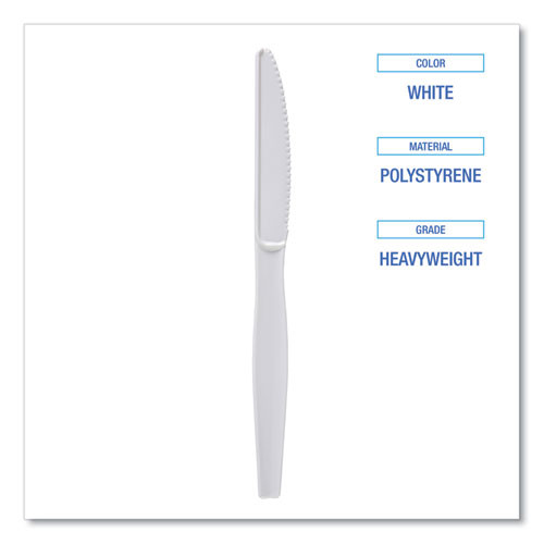 Heavyweight Polystyrene Cutlery, Knife, Plastic, White, 1,000/Carton