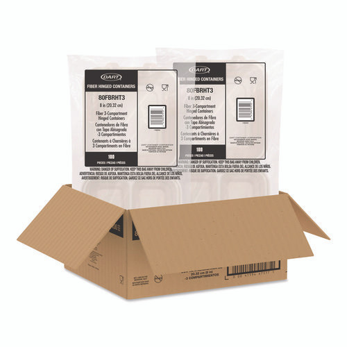 Compostable Molded Fiber Hinged Trays, ProPlanet Seal, 3 Compartments, 8.65 x 7.94 x 2.98, Natural, 200/Carton