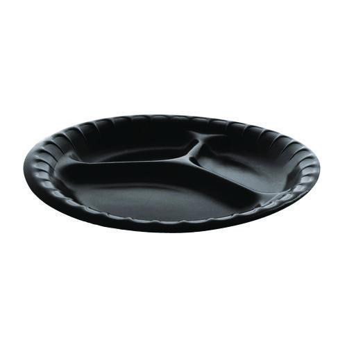 Placesetter Deluxe Laminated Foam Dinnerware, 3-Compartment Plate, 9" dia, Black, 200/Carton