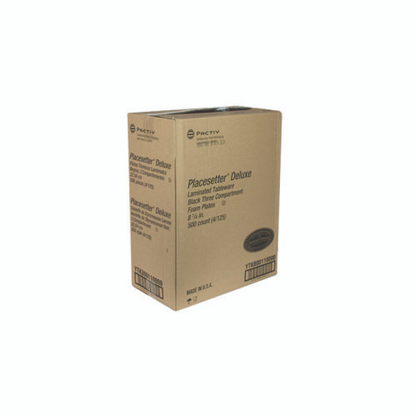 Placesetter Deluxe Laminated Foam Dinnerware, 3-Compartment Plate, 9" dia, Black, 200/Carton