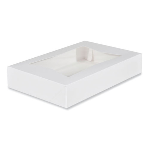 White Window Bakery Boxes with Attached Flip Top, 6-Corner Beers Design, 12 x 8 x 2.25, White, Paper, 200/Carton White Window Bakery Boxes with Attached Flip Top, 6-Corner Beers Design, 12 x 8 x 2.25, White, Paper, 200/Carton