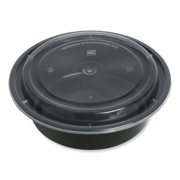 Microwavable Food Container with Lid, Round, 32 oz, 7.28 x 7.28 x 2.55, Black/Clear, Plastic, 150/Carton