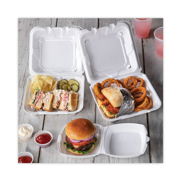 Foam Hinged Lid Container, Single Tab Lock, 6.38 x 6.38 x 3, White, 500/Carton