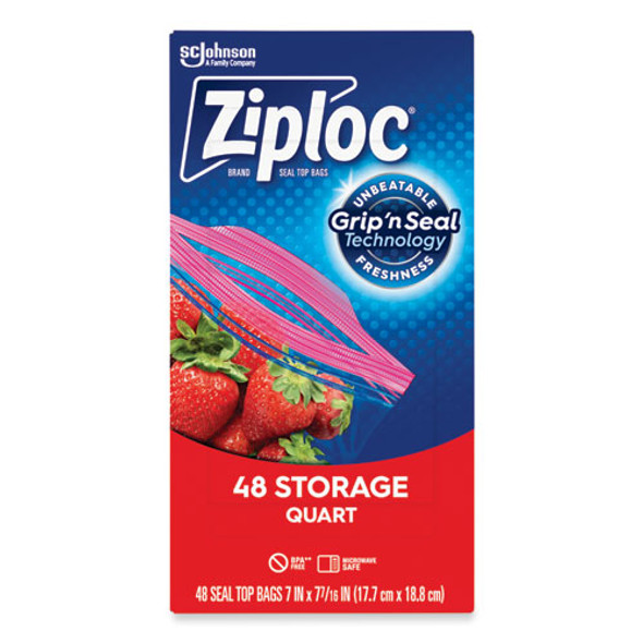 Double Zipper Storage Bags, Triple System Seal, Quart, 9.63" x 8.5", Clear, 48/Box