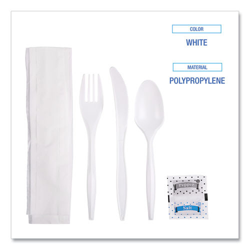 Cutlery Kit, Mediumweight, Fork/Knife/Napkin/Pepper/Salt/Spoon, Plastic, White, 250/Carton