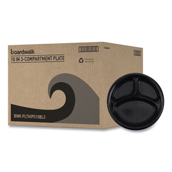 Hi-Impact Plastic Dinnerware, 3-Compartment Plate, 10" dia, Black, 125/Sleeve, 4 Sleeves/Carton Hi-Impact Plastic Dinnerware, 3-Compartment Plate, 10" dia, Black, 125/Sleeve, 4 Sleeves/Carton