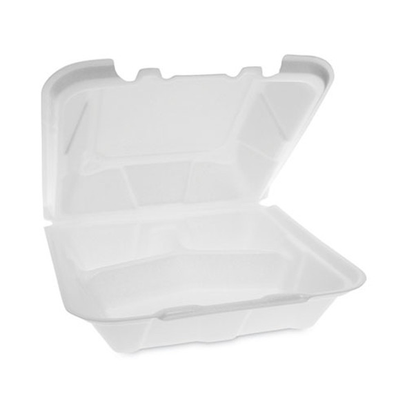 Vented Foam Hinged Lid Container, Dual Tab Lock, 3 Compartments, 9.13 x 9 x 3.25, White, 150/Carton Vented Foam Hinged Lid Container, Dual Tab Lock, 3 Compartments, 9.13 x 9 x 3.25, White, 150/Carton