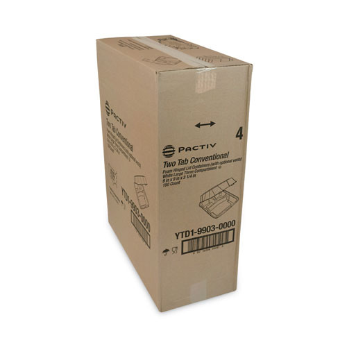 Vented Foam Hinged Lid Container, Dual Tab Lock, 3 Compartments, 9.13 x 9 x 3.25, White, 150/Carton