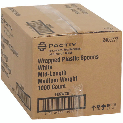 Fieldware Cutlery, Individually Wrapped, Mediumweight Spoon, Plastic, White, 1,000/Carton