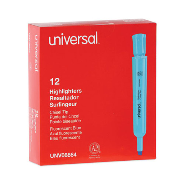 Desk Highlighters, Fluorescent Blue Ink, Chisel Tip, Blue Barrel, Dozen