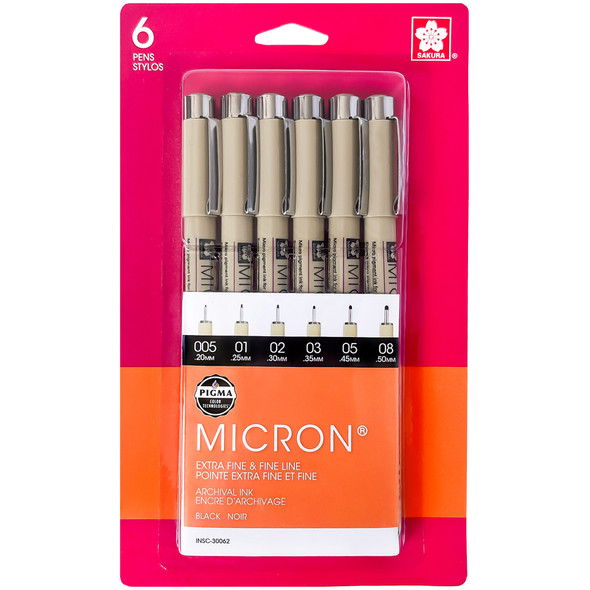 Pigma Micron Pens, Black, Assorted Sizes, 6-Piece Set, Blister Card