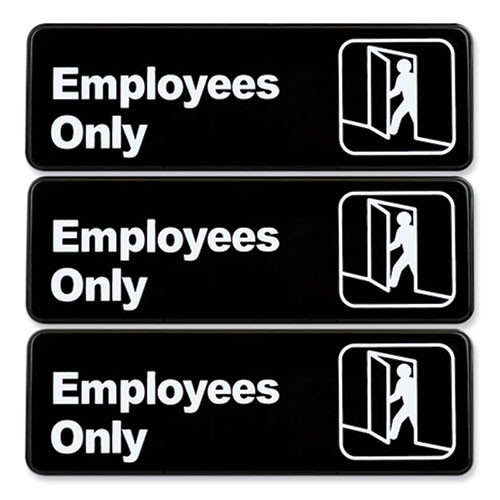 Employees Only Indoor/Outdoor Wall Sign, 9" x 3", Black Face, White Graphics, 3/Pack