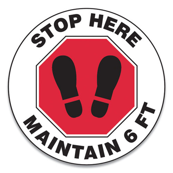 Slip-Gard Social Distance Floor Signs, 12" Circle, "Stop Here Maintain 6 ft", Footprint, Red/White, 25/Pack